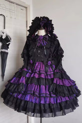 Black/Purple Long Trumpet Sleeves Multi-Layered Ruffle Bowknot Lace-Up Gothic Lolita Dress